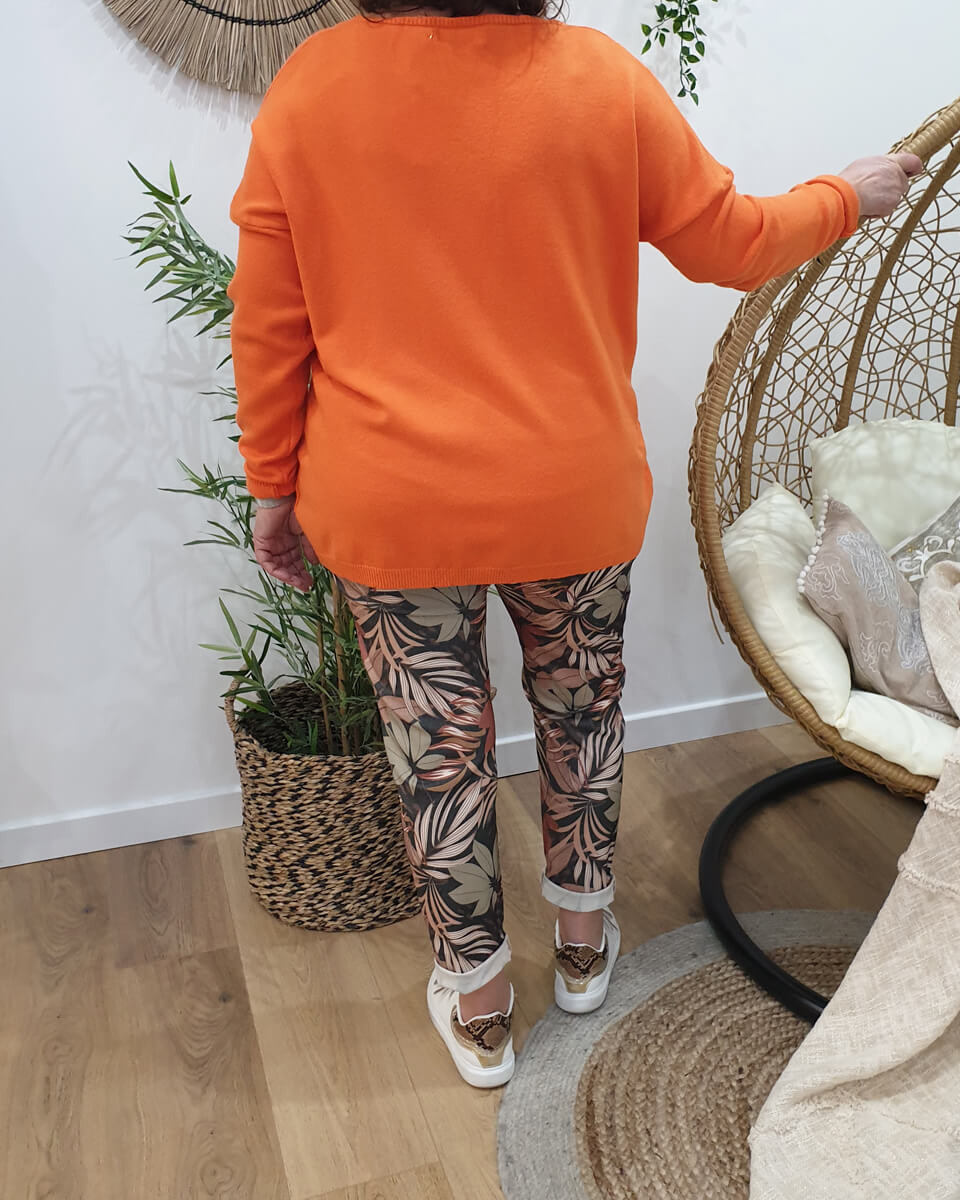 Pantalon fluide noir feuillage kaki et rouille