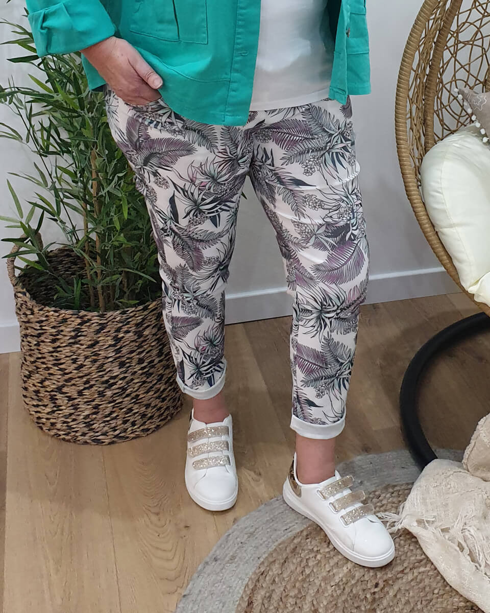 Pantalon fluide blanc jungle vert et parme
