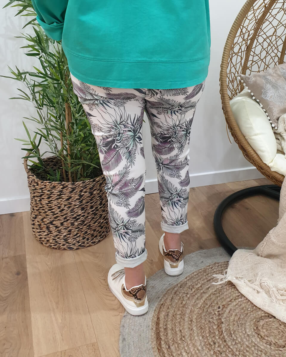 Pantalon fluide blanc jungle vert et parme