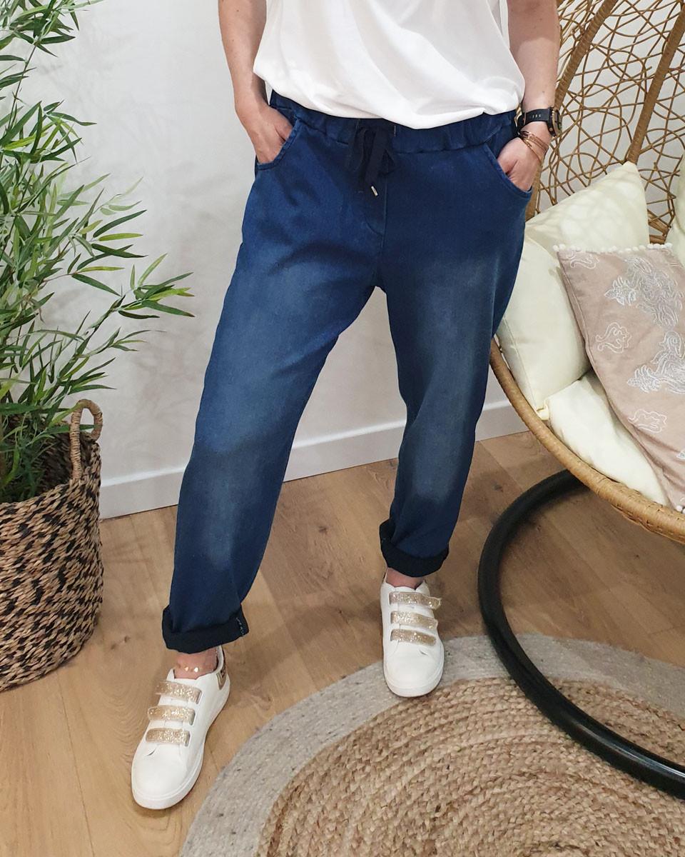 Pantalon fluide élastique jean foncé délavé