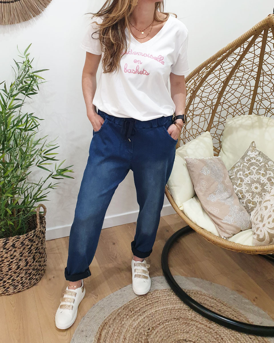 Pantalon fluide élastique jean foncé délavé