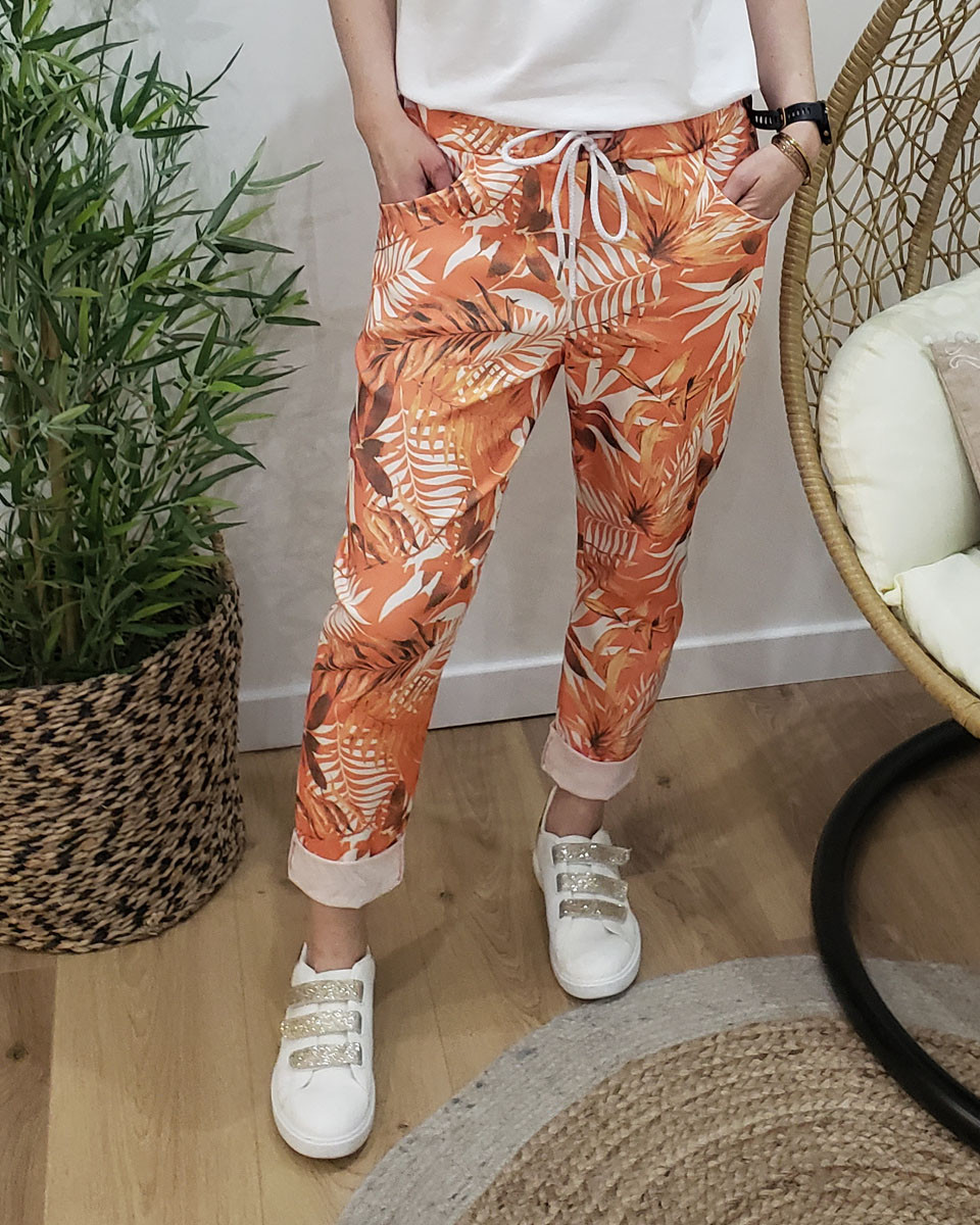 Pantalon fluide orange feuillages blancs et marrons