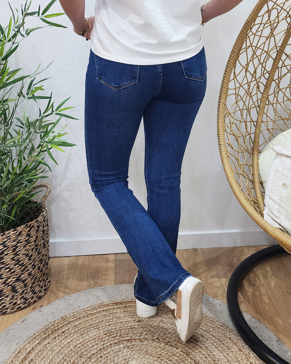 Jean femme foncé slim évasé flare taille haute