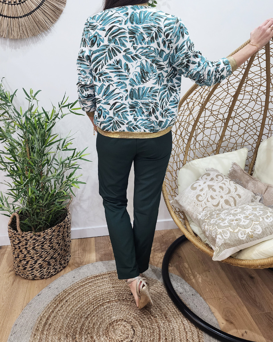 Pantalon femme fluide paper bag vert foncé poches à volants