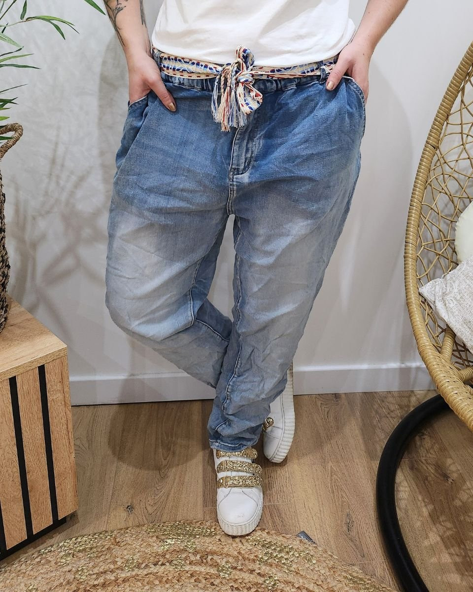 Jean élastique grande taille ceinture brodée Cathy