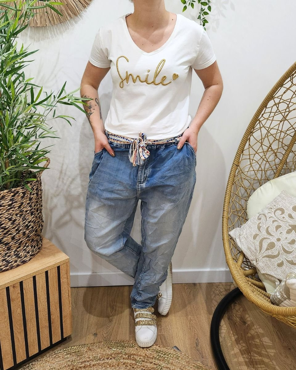 Jean élastique grande taille ceinture brodée Cathy