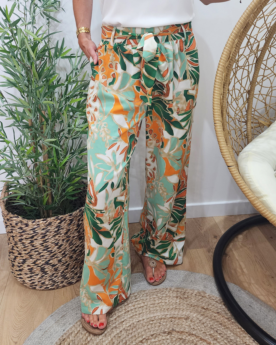 Pantalon femme fluide vert orange Joanna