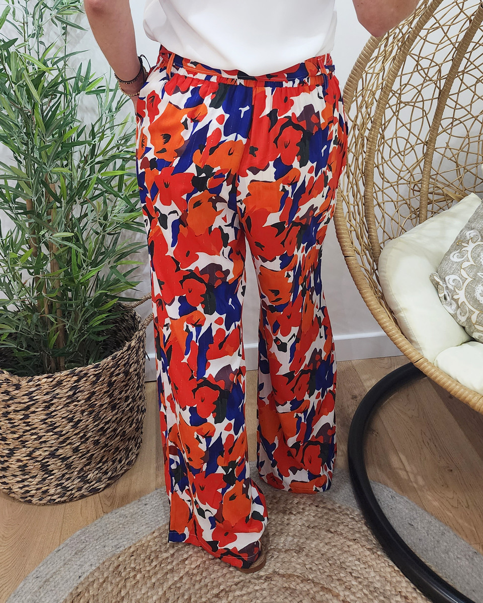 Pantalon femme fluide rouge orange bleu Janice