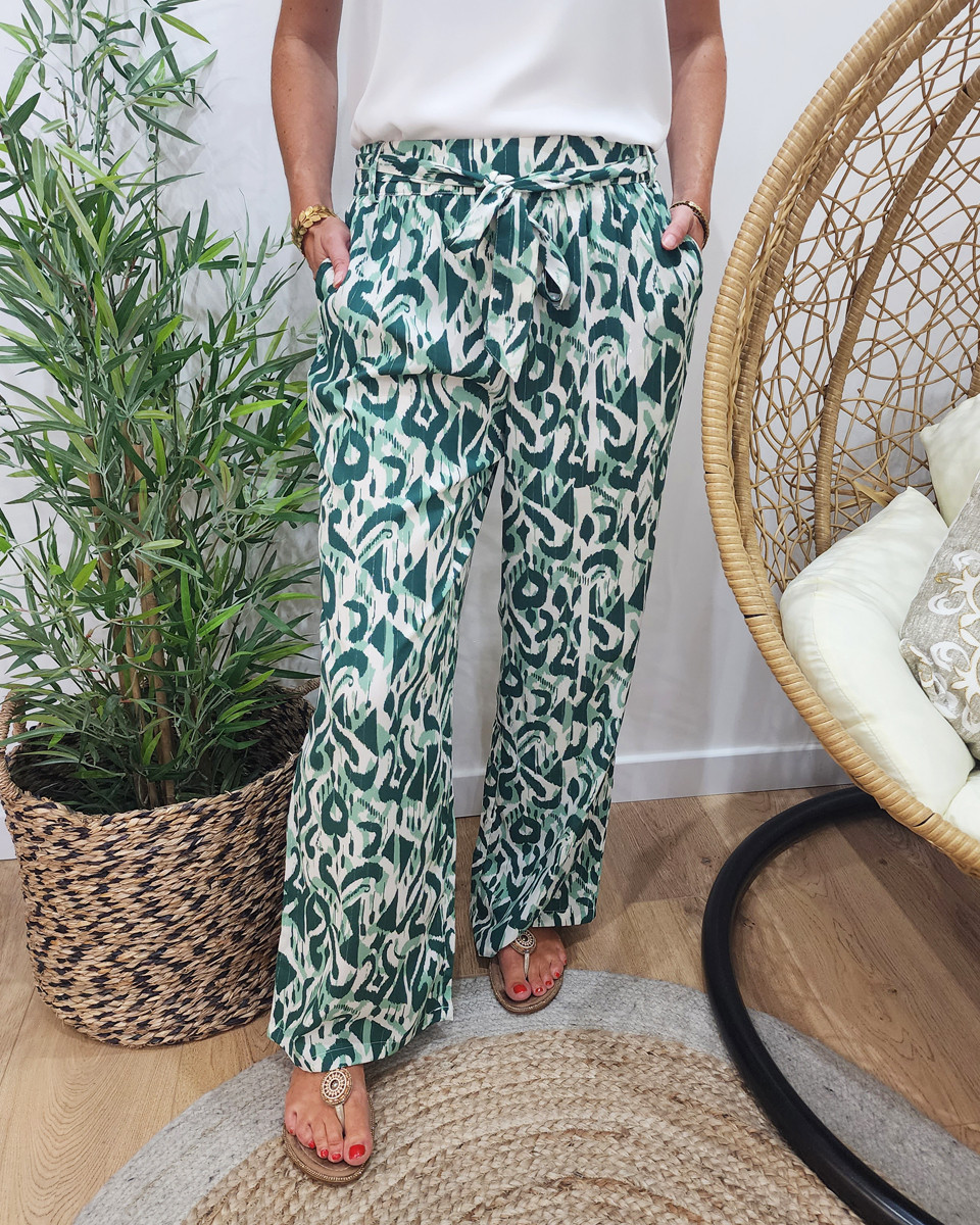 Pantalon femme fluide écru et vert Léana