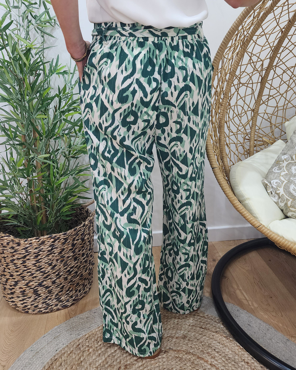 Pantalon femme fluide écru et vert Léana