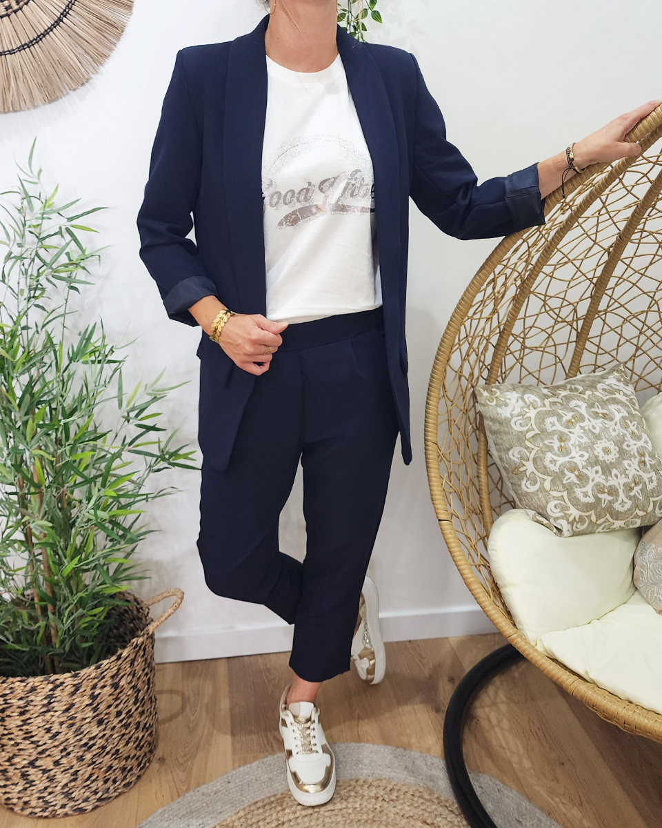 Pantalon tailleur femme fluide 7/8 bleu marine