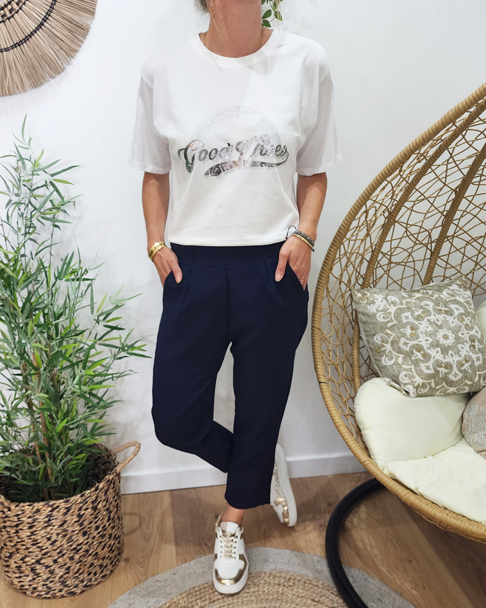 Pantalon tailleur femme fluide 7/8 bleu marine