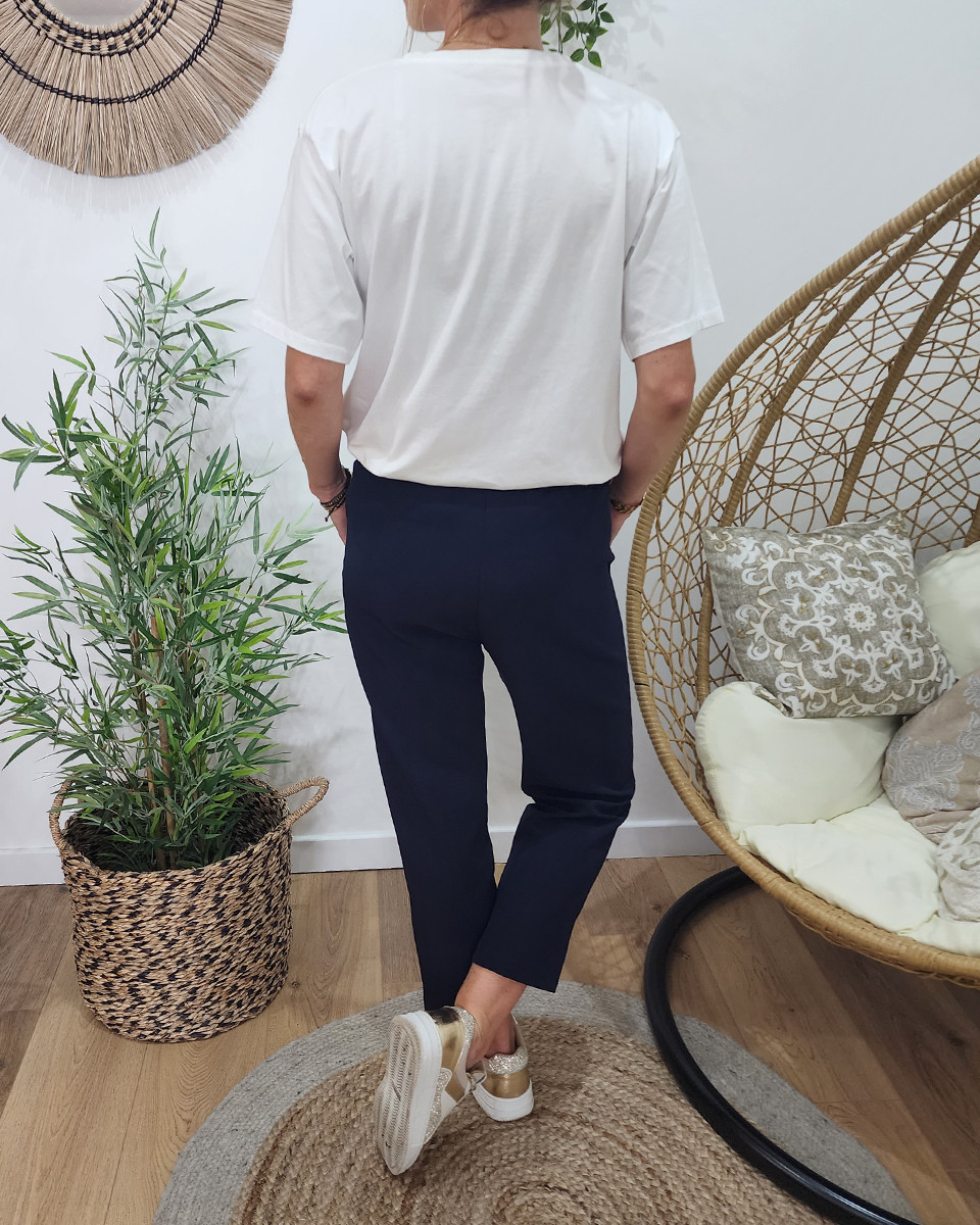 Pantalon tailleur femme fluide 7/8 bleu marine