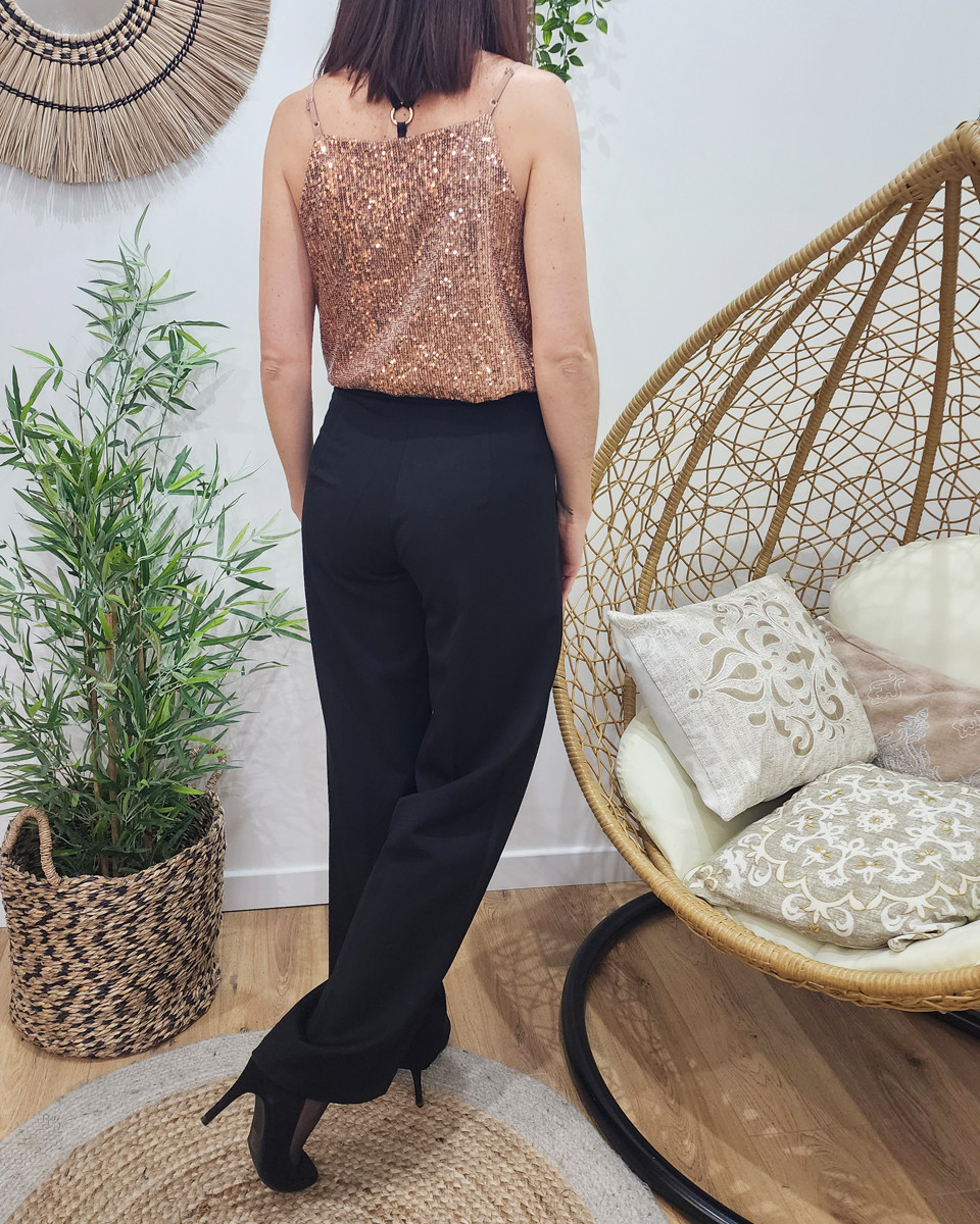 Pantalon femme noir fluide taille haute boutonné