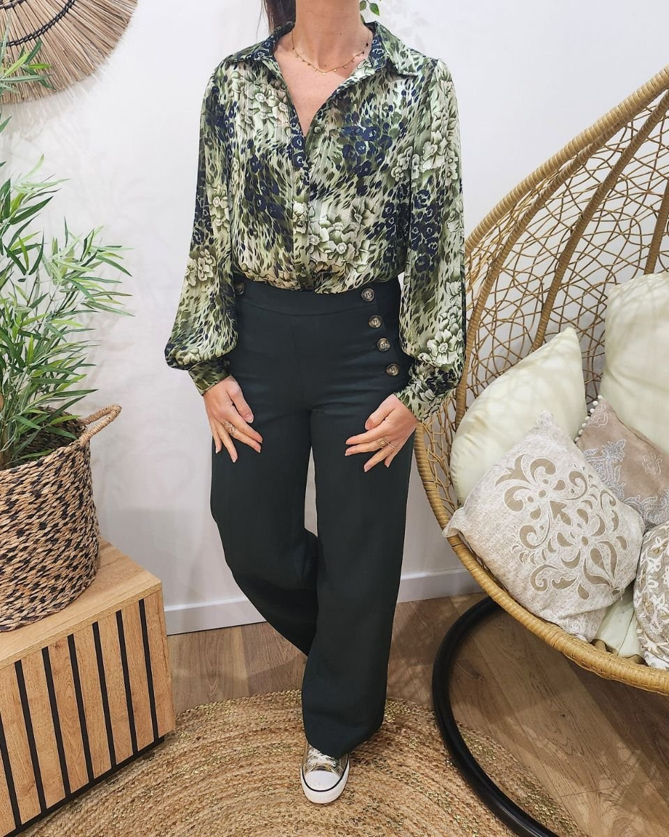 Pantalon femme vert bouteille fluide taille haute boutonné Dina