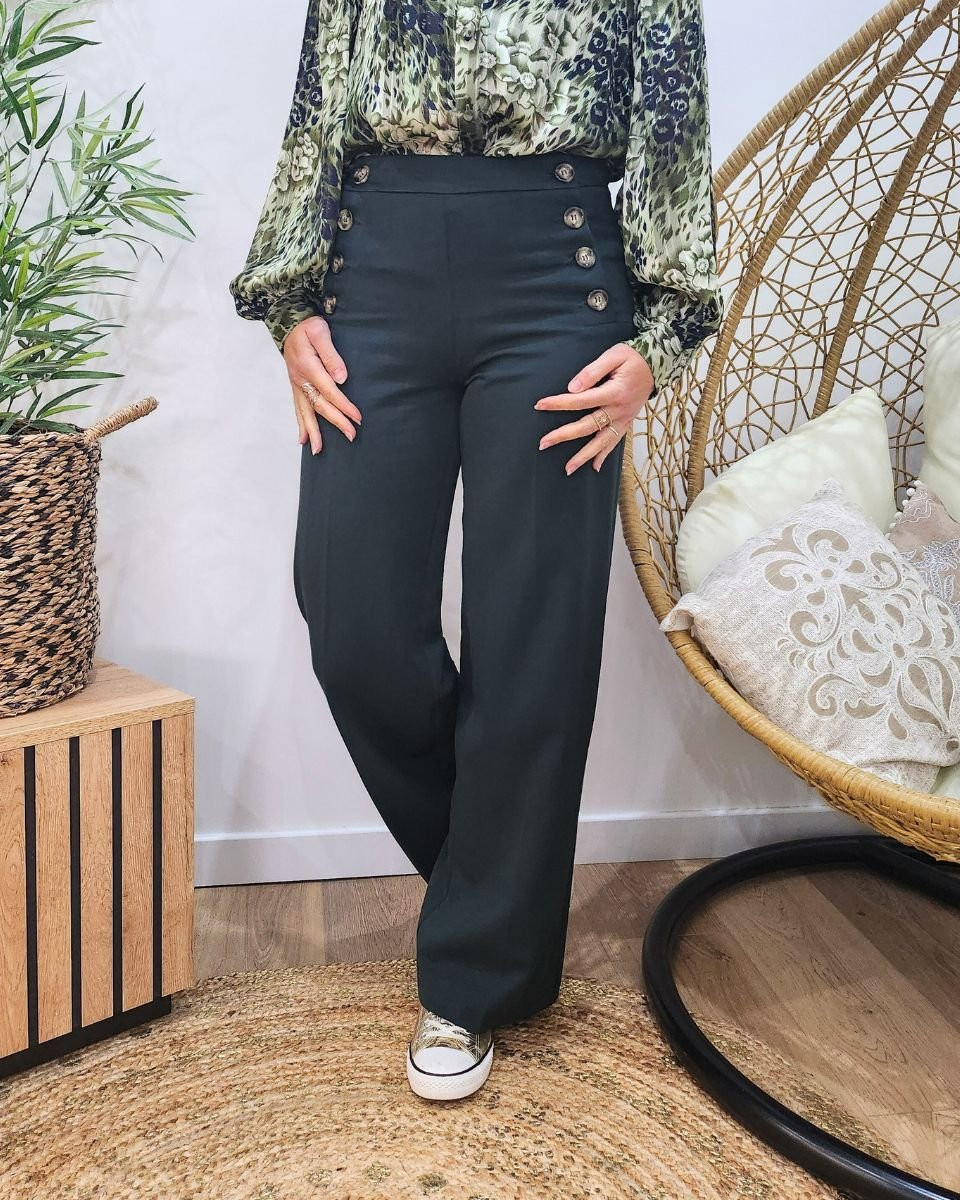 Pantalon femme vert bouteille fluide taille haute boutonné Dina