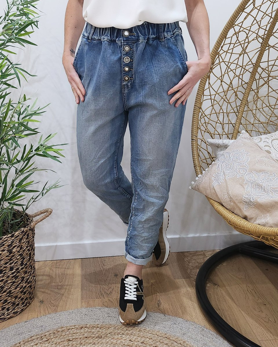 Jean élastique grande taille boutons strass