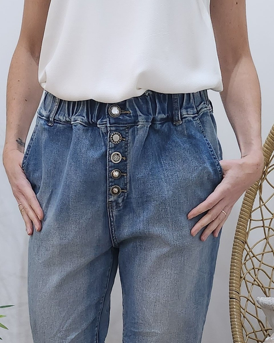 Jean élastique grande taille boutons strass