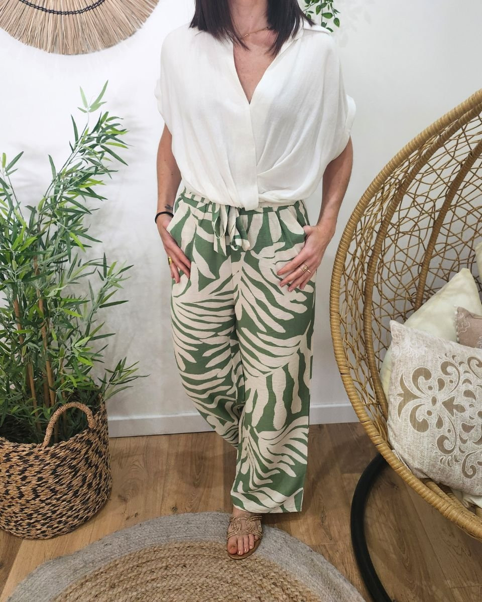 Pantalon fluide femme vert et beige Perry