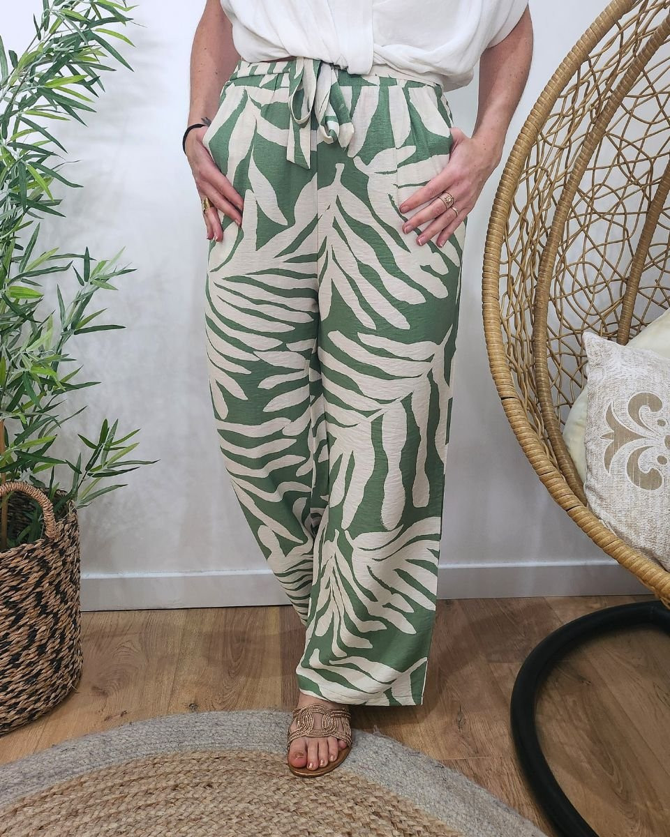 Pantalon fluide femme vert et beige Perry