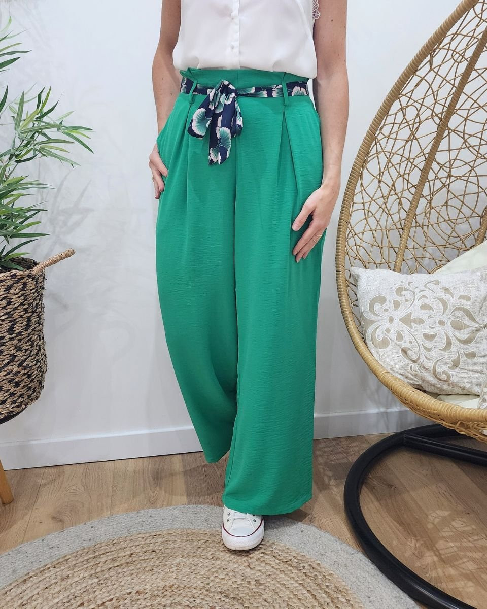 Pantalon fluide femme vert ruban à motifs