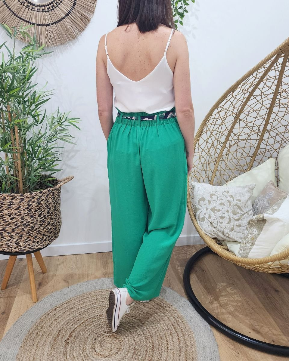 Pantalon fluide femme vert ruban à motifs