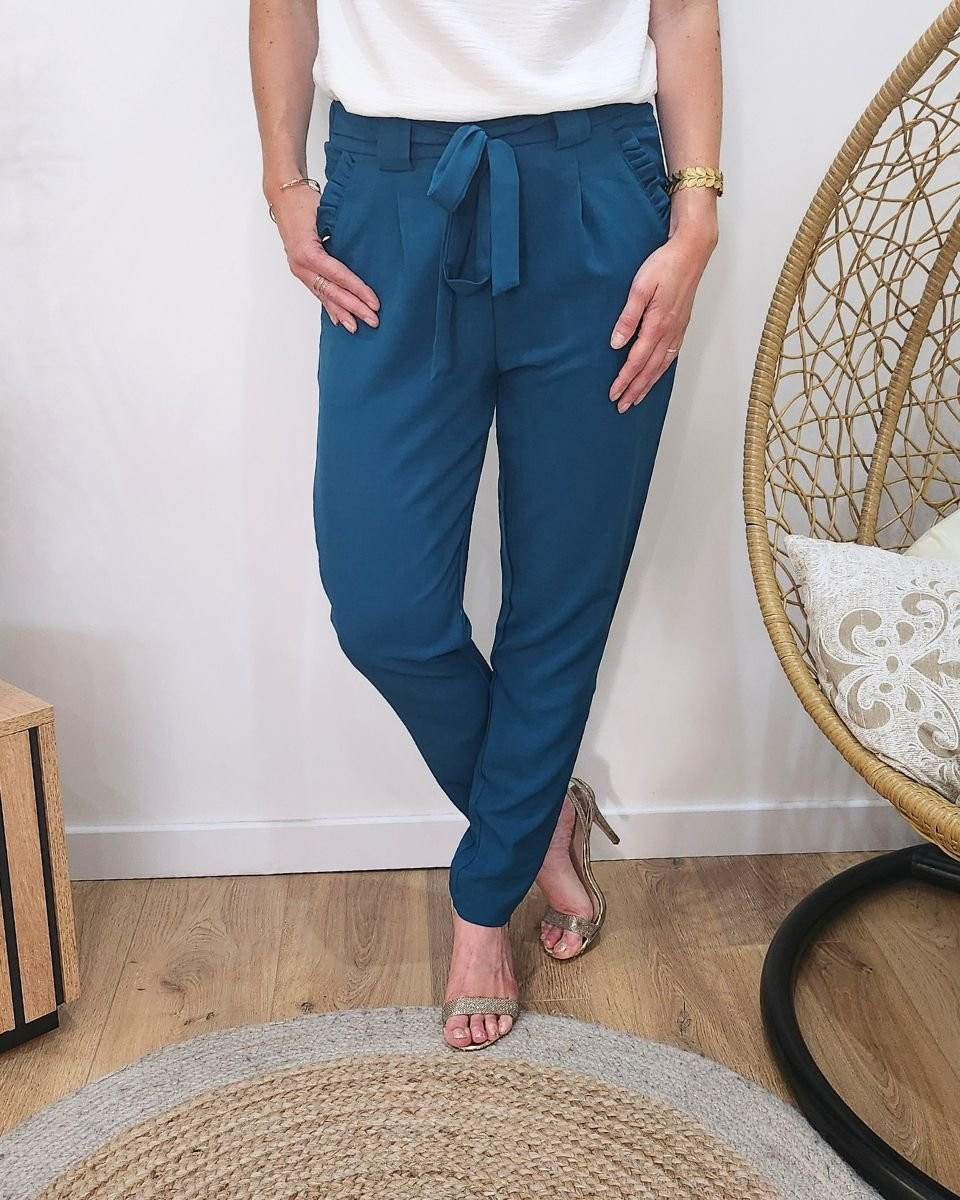 Pantalon femme paper bag bleu pétrole