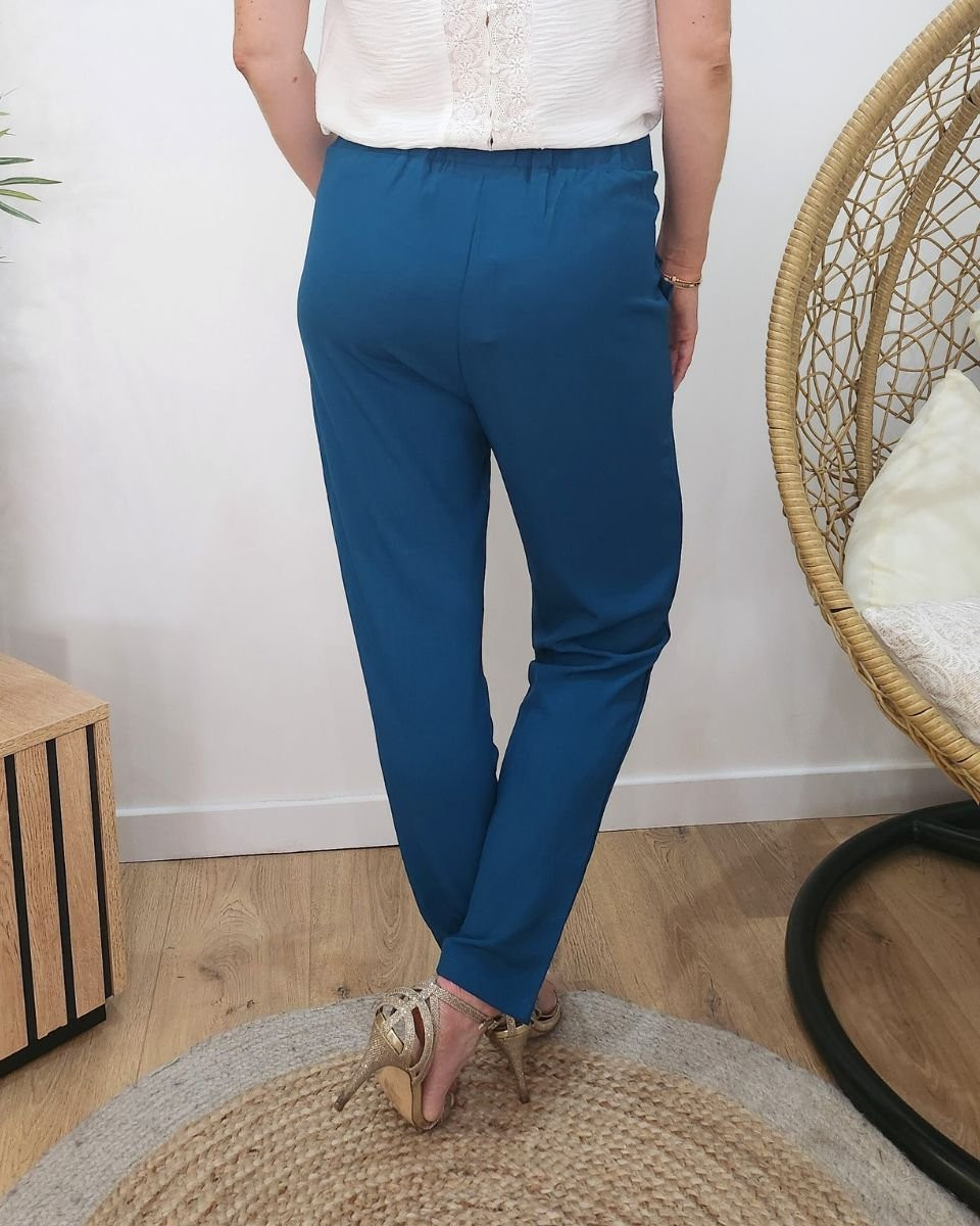 Pantalon femme paper bag bleu pétrole
