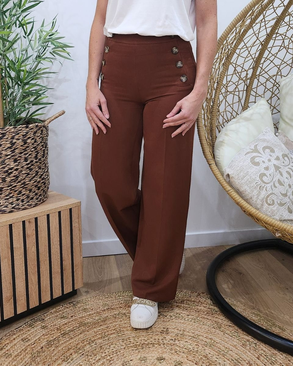 Pantalon femme marron chocolat fluide taille haute boutonné Dina
