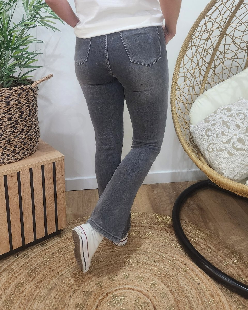 Jean femme gris délavé flare taille haute