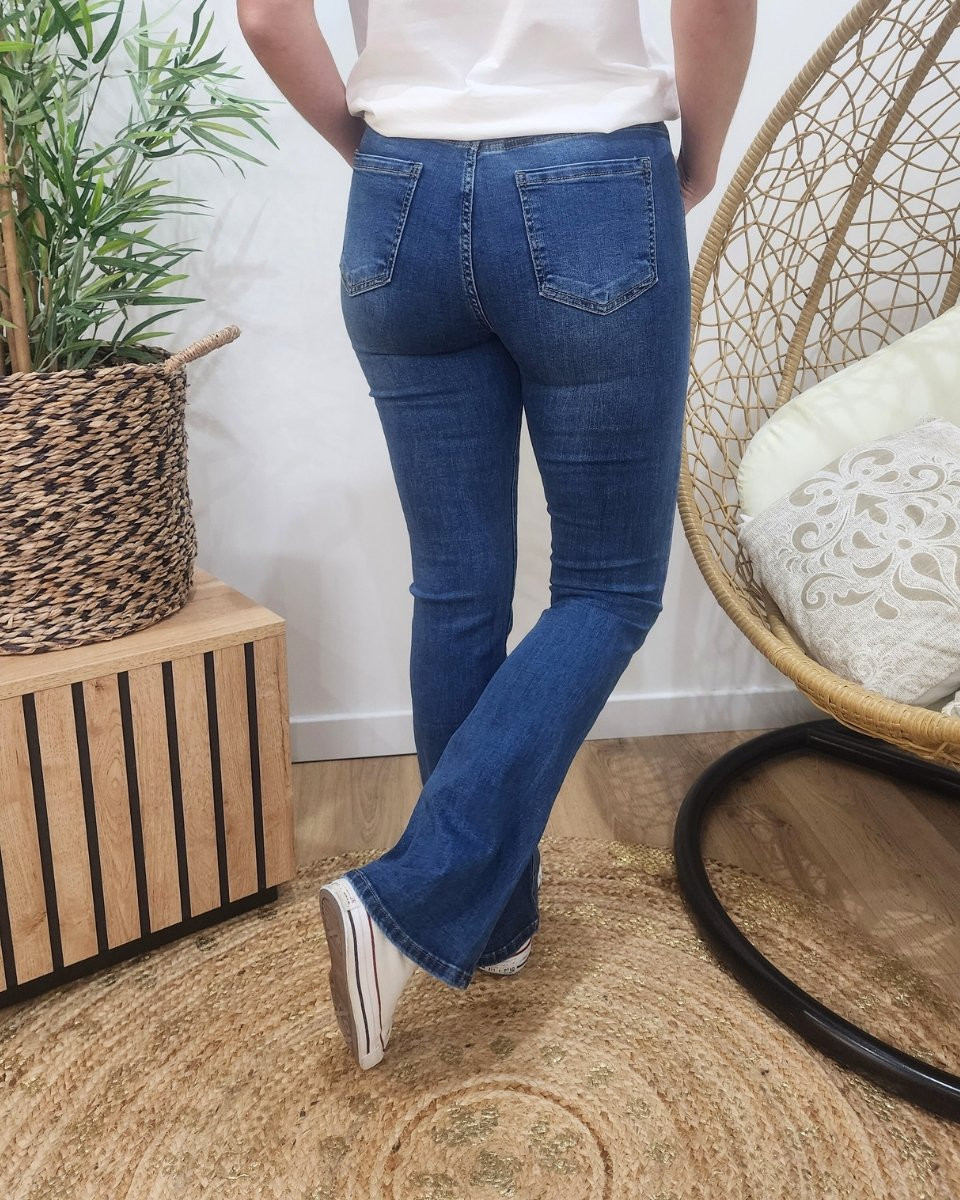 Jean femme flare taille haute bleu moyen coupe confort