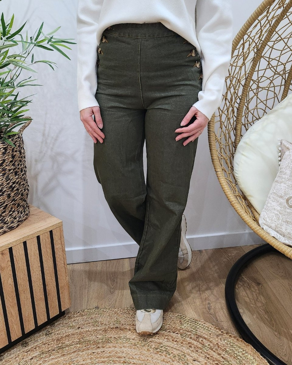 Jean femme kaki large taille haute boutonnée Felixia