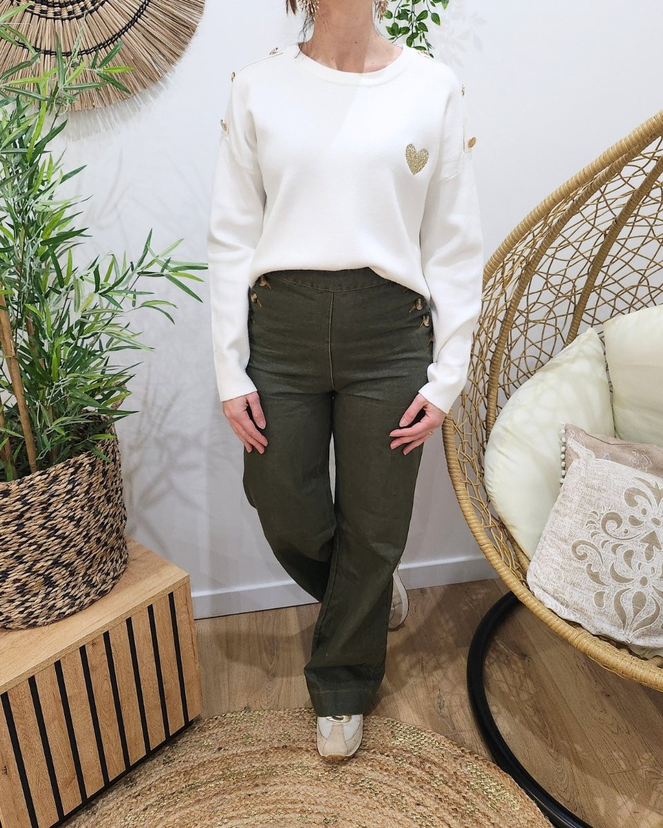 Jean femme kaki large taille haute boutonnée Felixia