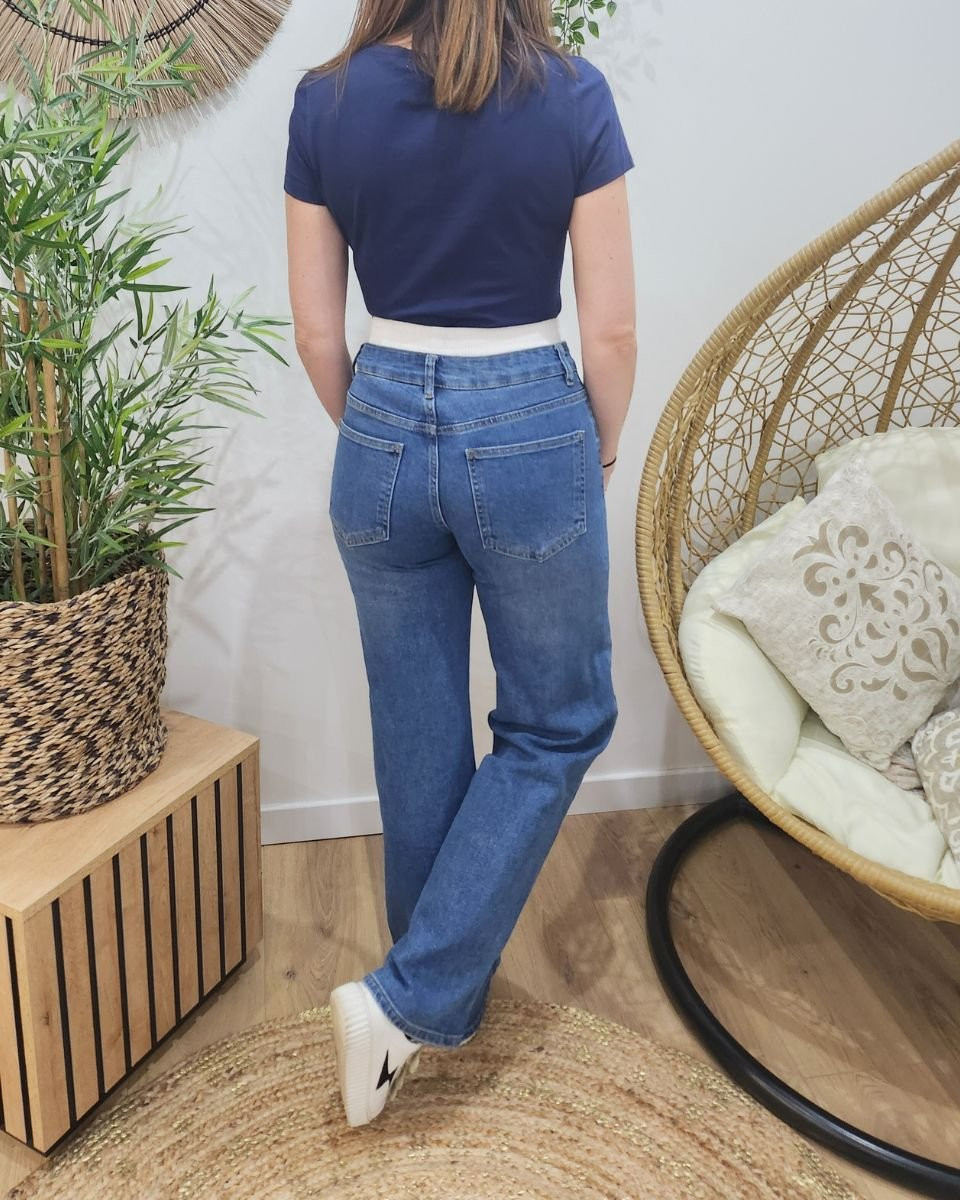 Jean femme bleu coupe droite taille style caleçon