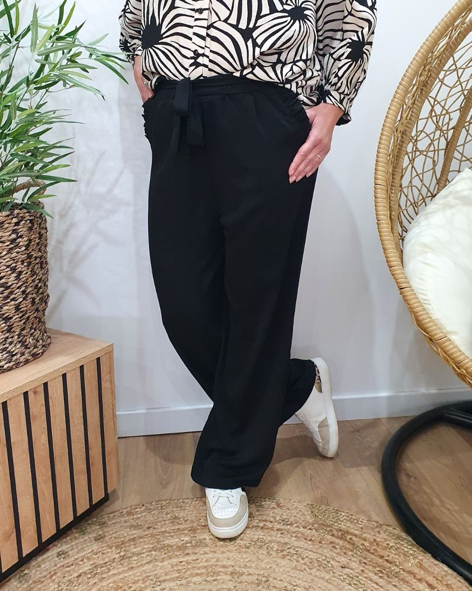 Pantalon femme fluide noir poches froncées