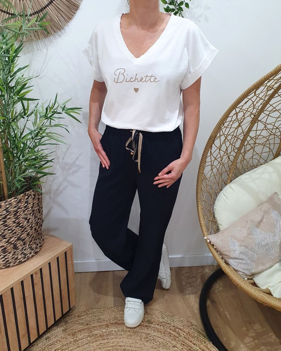 Pantalon femme fluide uni bleu marine Nellie