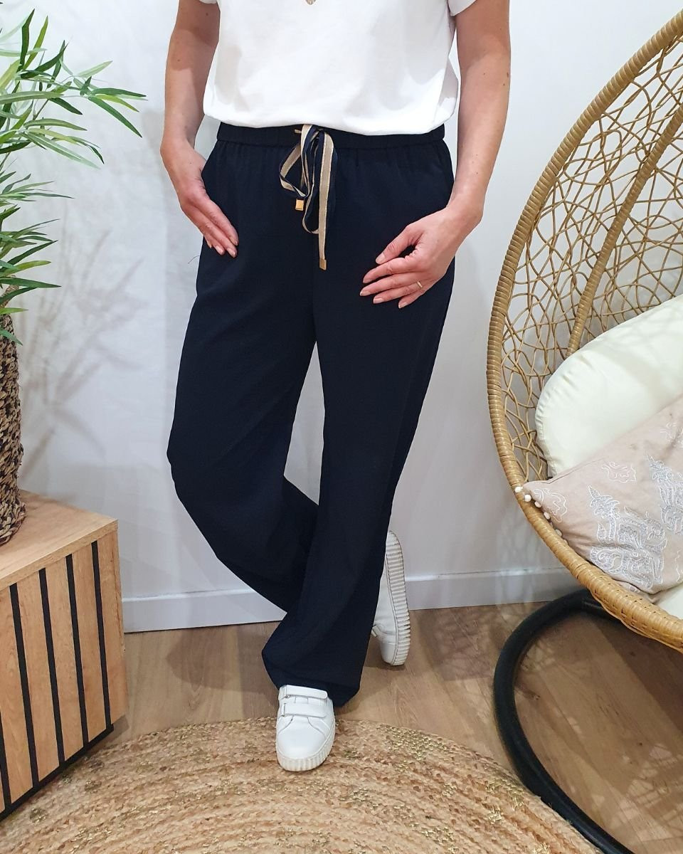 Pantalon femme fluide uni bleu marine Nellie
