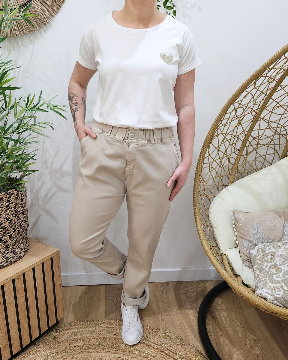 Pantalon femme élastiqué beige Bianka