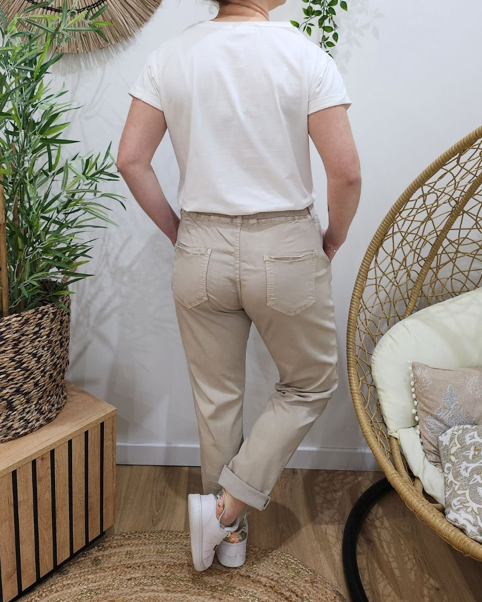 Pantalon femme élastiqué beige Bianka
