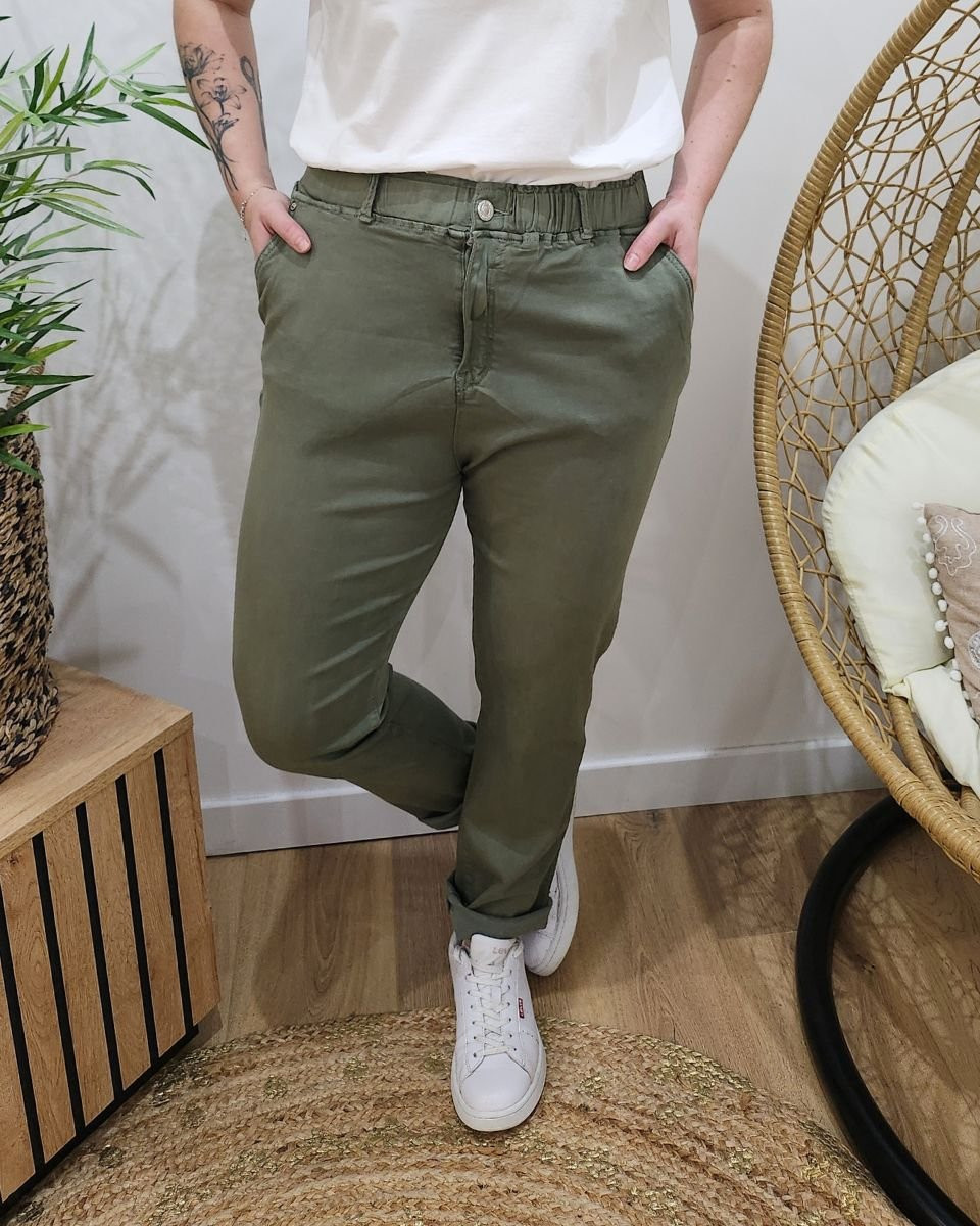 Pantalon femme élastiqué kaki Bianka