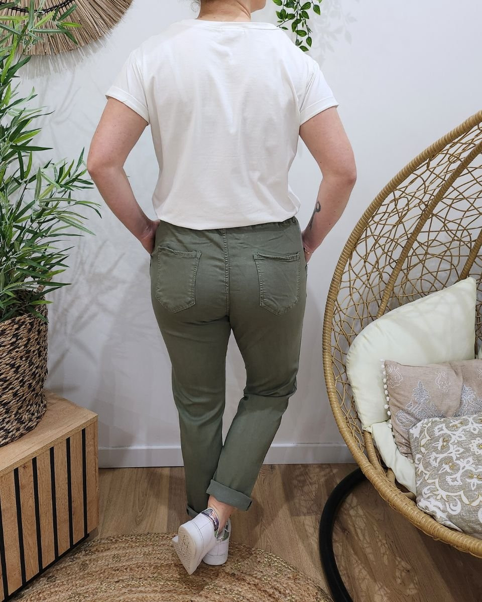 Pantalon femme élastiqué kaki Bianka
