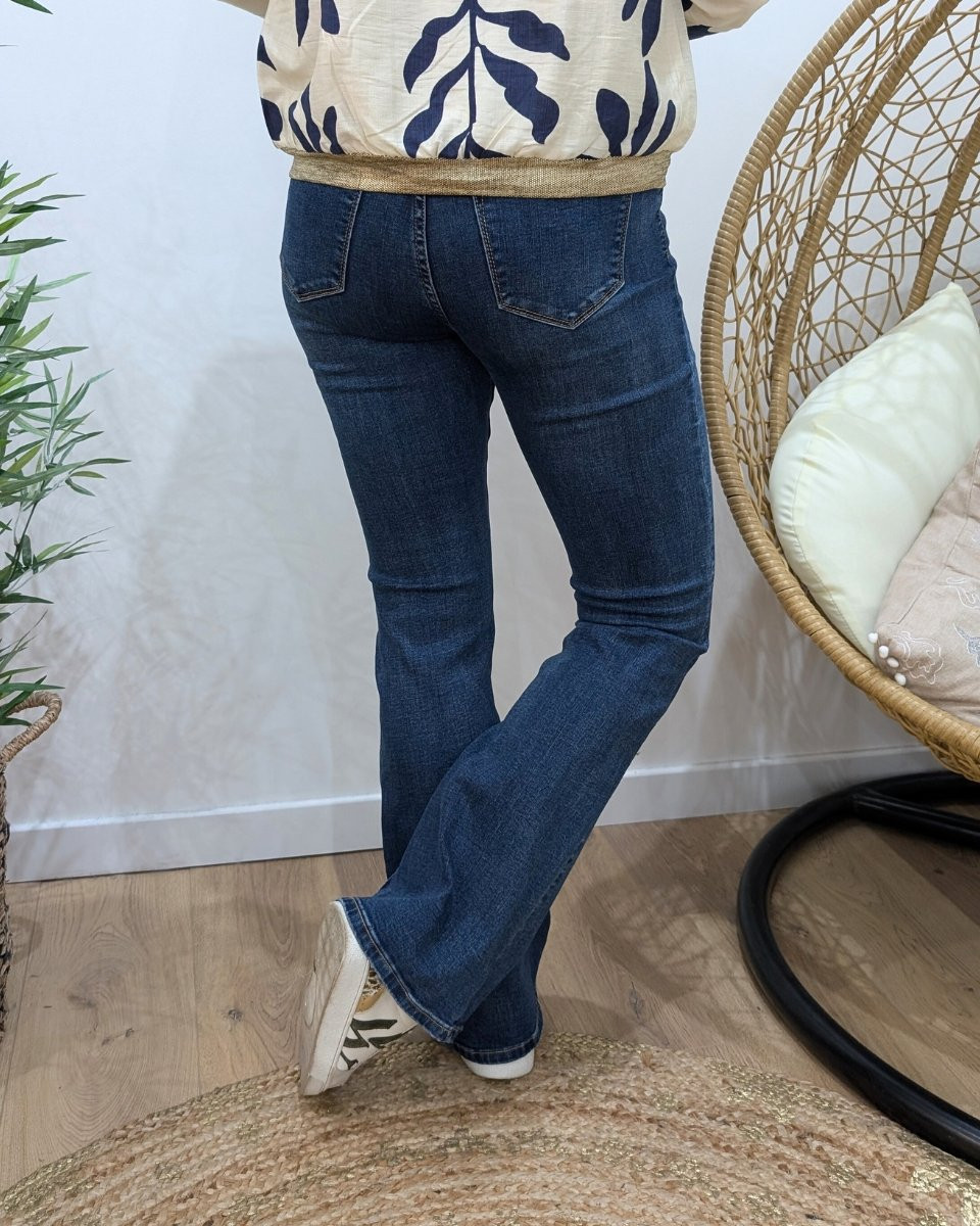 Jean femme flare taille haute bleu foncé délavé coupe confort