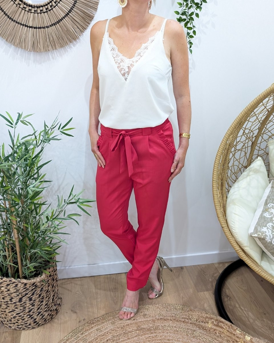 Pantalon femme paper bag cerise