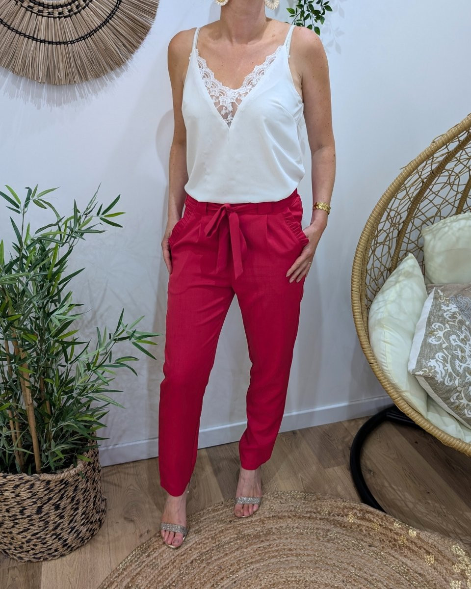 Pantalon femme paper bag cerise