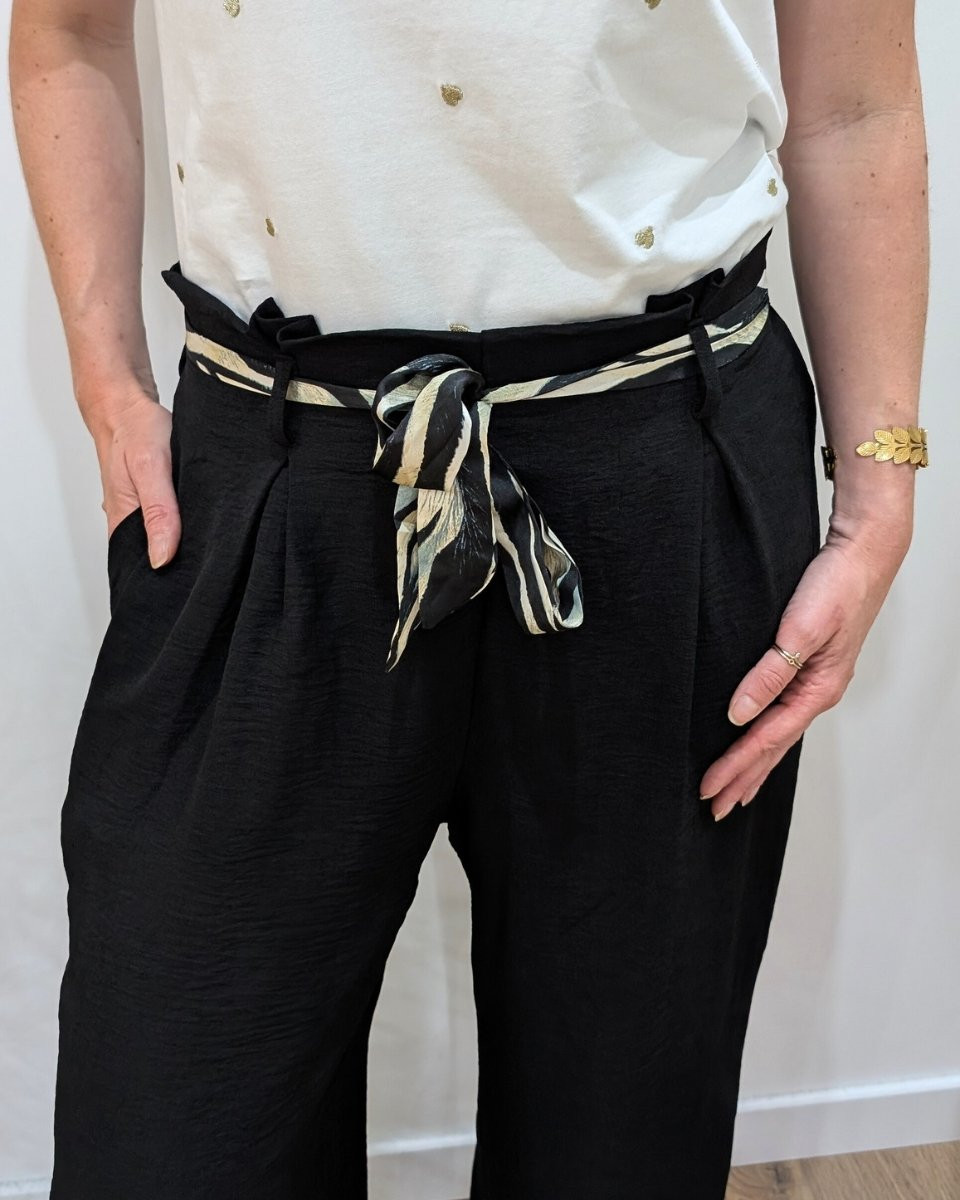 Pantalon fluide femme noir ruban à motifs