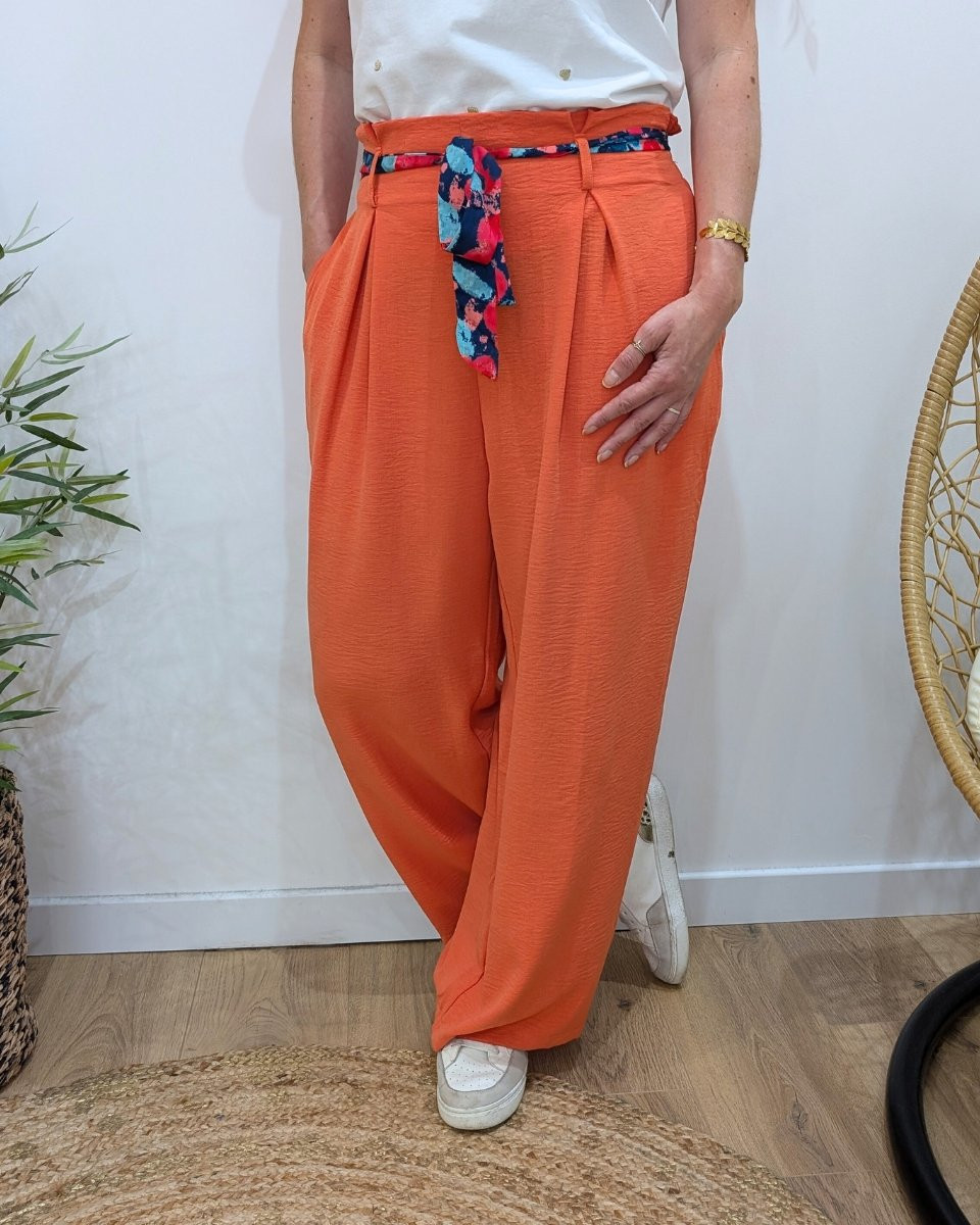 Pantalon fluide femme orange ruban à motifs