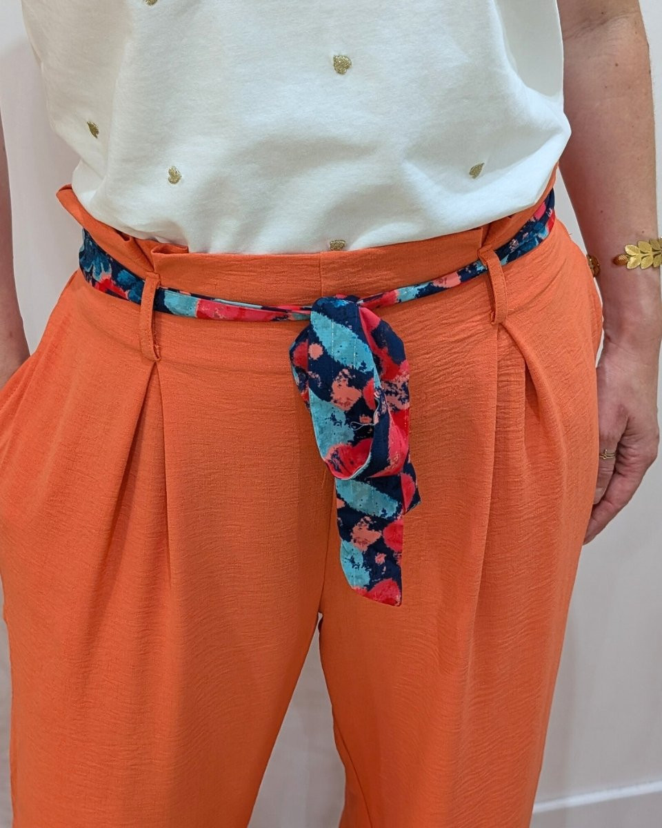 Pantalon fluide femme orange ruban à motifs