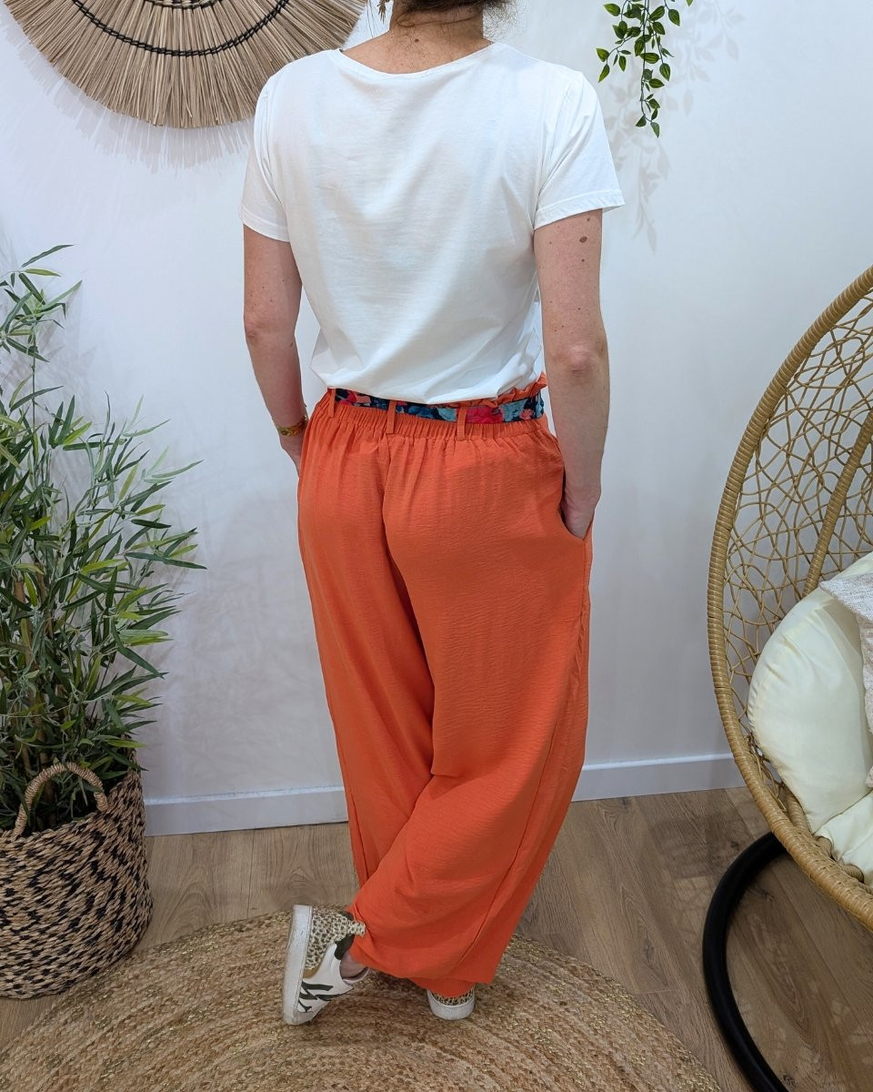 Pantalon fluide femme orange ruban à motifs