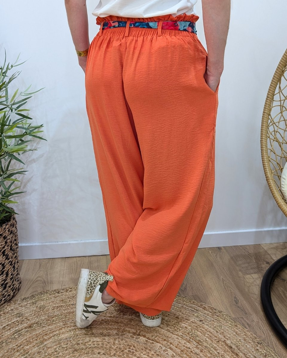 Pantalon fluide femme orange ruban à motifs