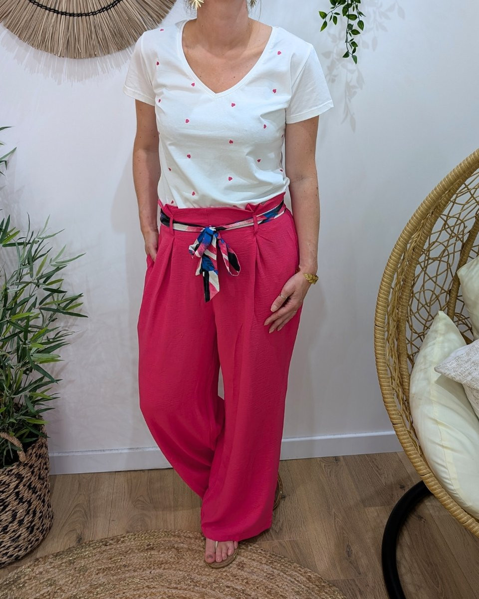 Pantalon fluide femme rose fuchsia ruban à motifs